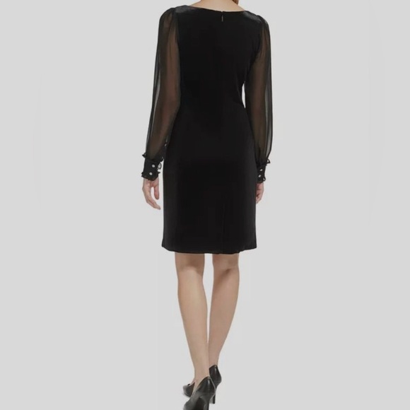 NWT Karl Lagerfeld Black Sheer-Sleeve Shift Dress - Picture 2 of 8